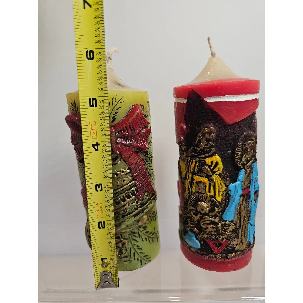 Vintage‎ 70s Candles Christmas Nativity Bell Red Green Kitch Set of 2 Not Burned